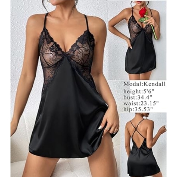Avidlov Lingerie VNeck Nightwear Satin Lace Chemise Mini Teddy Black Nighty - Picture 4 of 7
